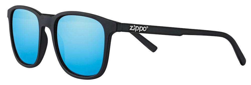 Zippo Sunglasses Front View ¾ Angle With Light Blue Lenses And Narrow Square Frame In Black With White Zippo Logo