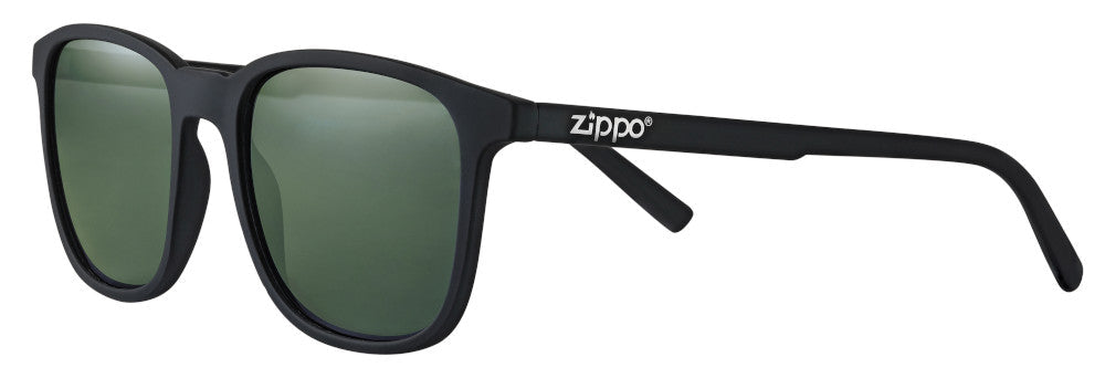 Zippo Sunglasses Front View ¾ Angle with Green Lenses and Narrow Square Frame in Black with White Zippo Logo