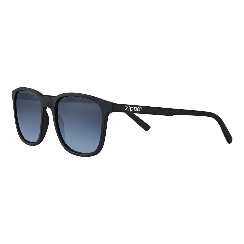 Zippo Sunglasses Front View ¾ Angle With Blue Lenses And Narrow Square Frame In Black With White Zippo Logo