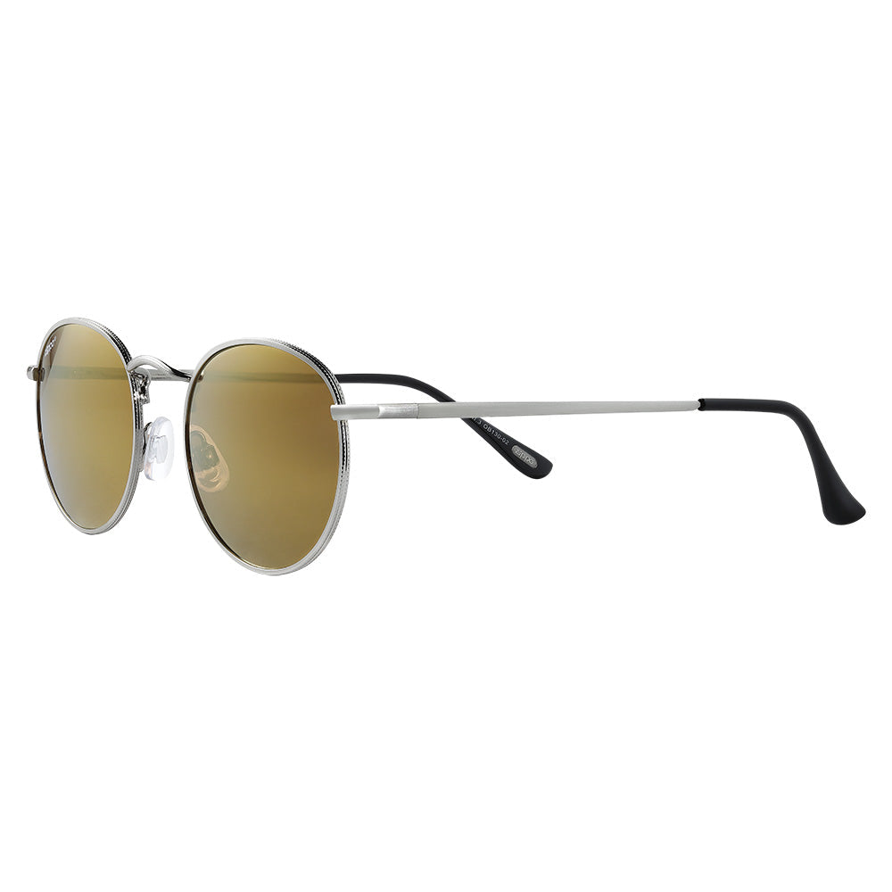 Zippo Sunglasses Front View ¾ Angle With Round Brown Lenses And Silver Thin Metal Frame With Black End Cap