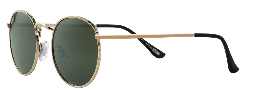 Zippo Sunglasses Front View ¾ Angle With Round Lenses And Thin Metal Frame In Gold With Black End Cap