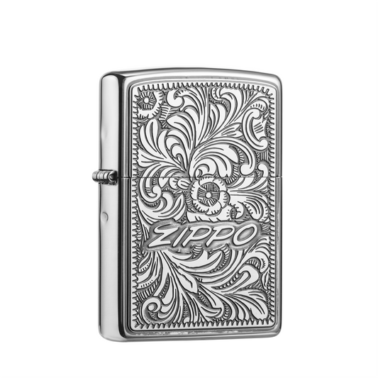 Vue de trois quarts du briquet tempête Zippo Arabesque Antique